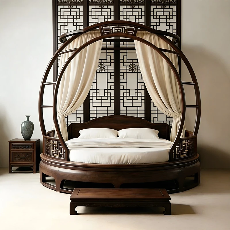 New Chinese-style black walnut antique shelf bed Song-style aesthetics classical arc top solid wood four-poster double bed