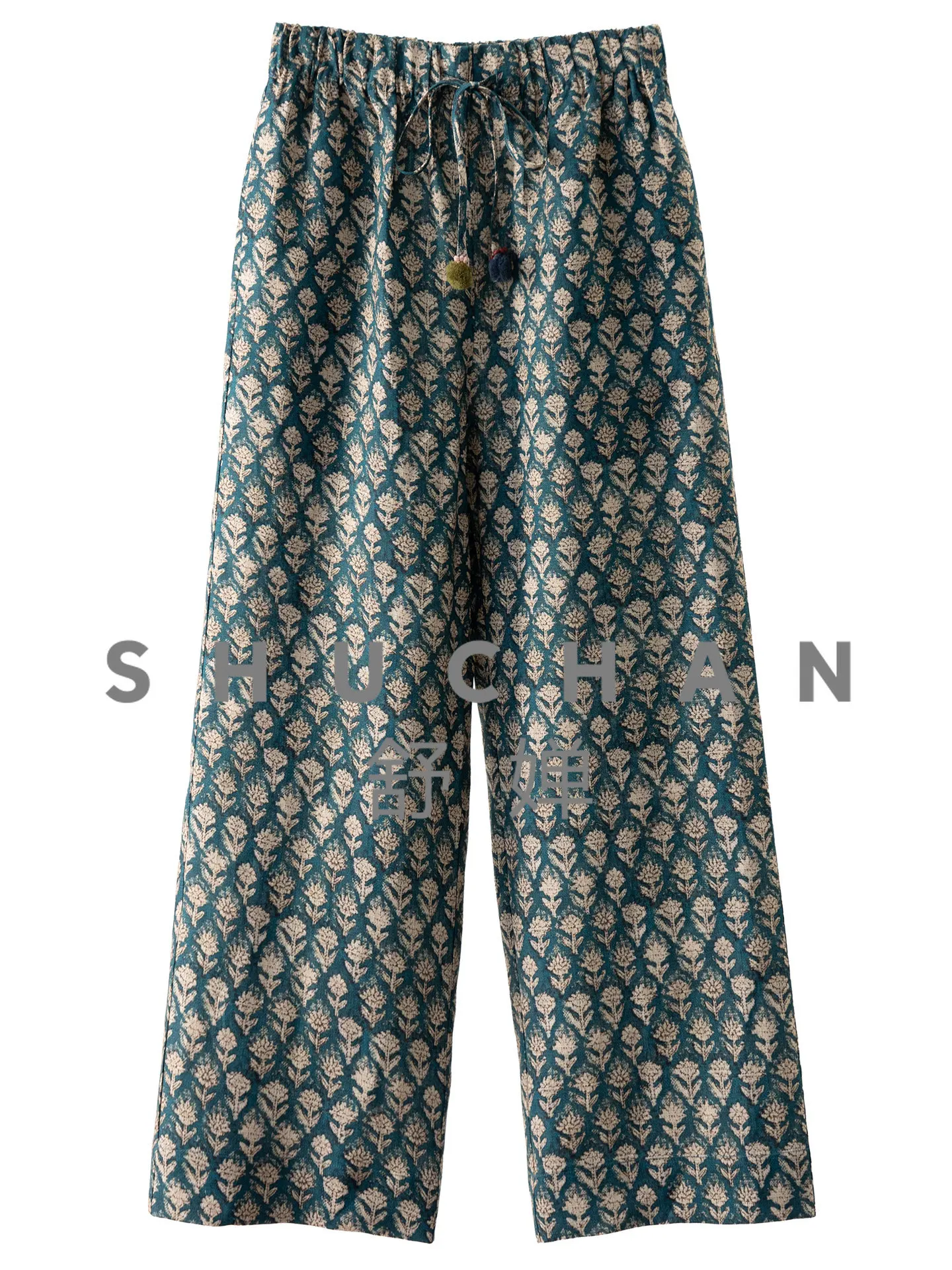 

Vacation Wind Pant Women 100 Hemp Art Flower Case Straight Wide Leg Pants Women's 55L7 Pantalones