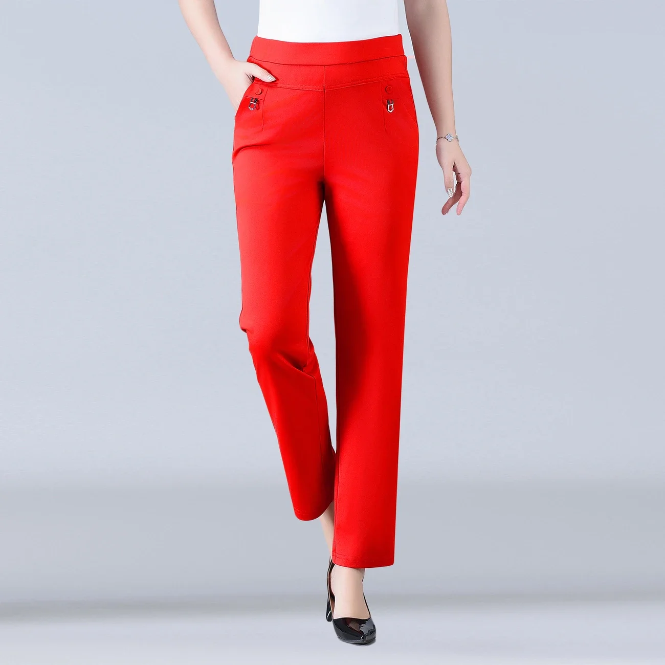 Candy Color Korean Stretch Pants Slim High Waist Straight Pants Women Trouser Patchwork Pocket Casual Thin Classic Pantalones