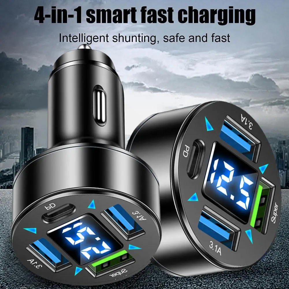 4-Port USB Adapter Blue Light Fast Car Charger QC 3.0 PD Quick Charge Adapter LED Digital Display For Huawei Y4R5