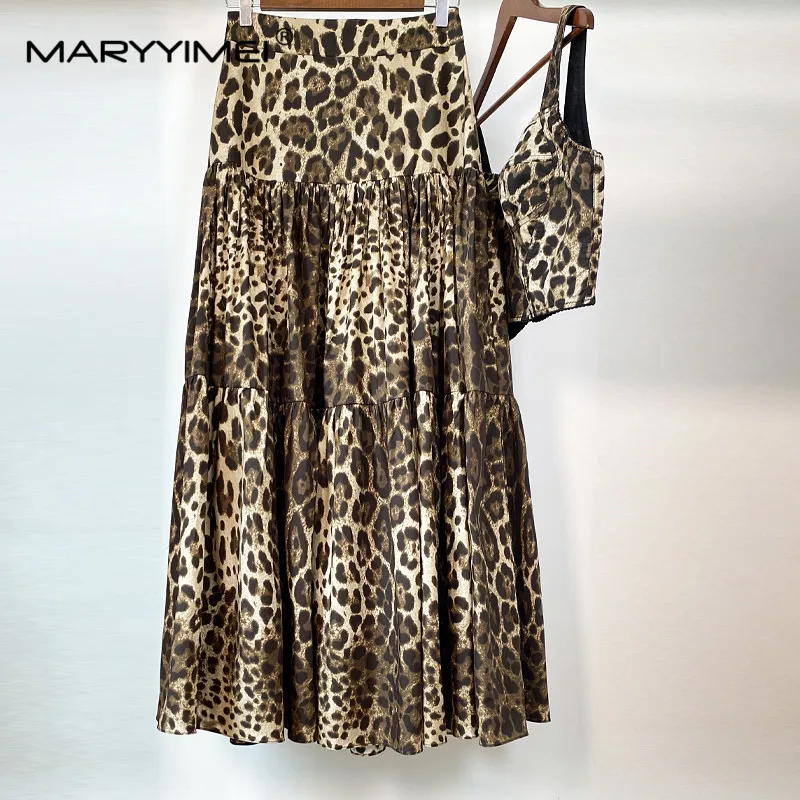 Imagem -03 - Maryyimei Primavera Verão Terno para Mulheres Turn Down Collar Camisas de Seda Manga Comprida Top Mais Algodão Leopardo Imprimir Saias Duas Peças Set