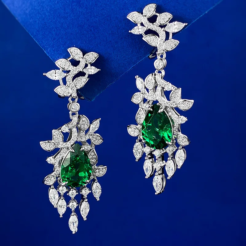 S925 Silver Autumn Leaves Emerald 8 * 12 Earrings Light Luxury and Small Design Earrings Wholesale Female