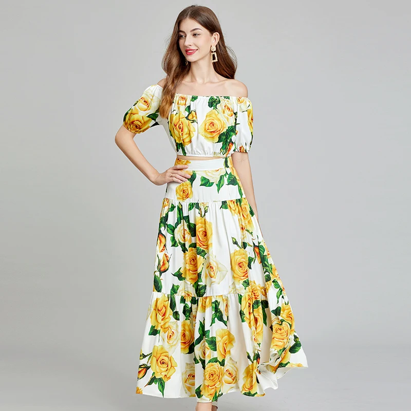 JAMERARY Runway Summer Holiday Sexy Crop Tops Long Maxi Skirts Suits For Women Rose Yellow Floral Two Piece Sets Beach Outfits