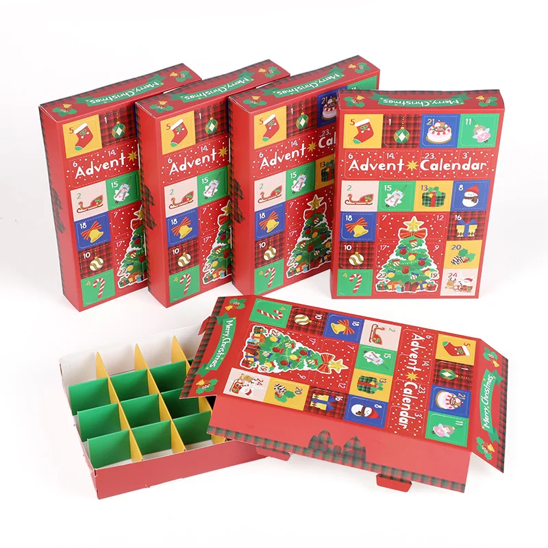 2-teiliges Adventskalender-Boxen-Set mit Weihnachtsthema und Weihnachtsmann-/Schneemann-/Weihnachtsbaum- und festliche Musterdesigns für Weihnachten