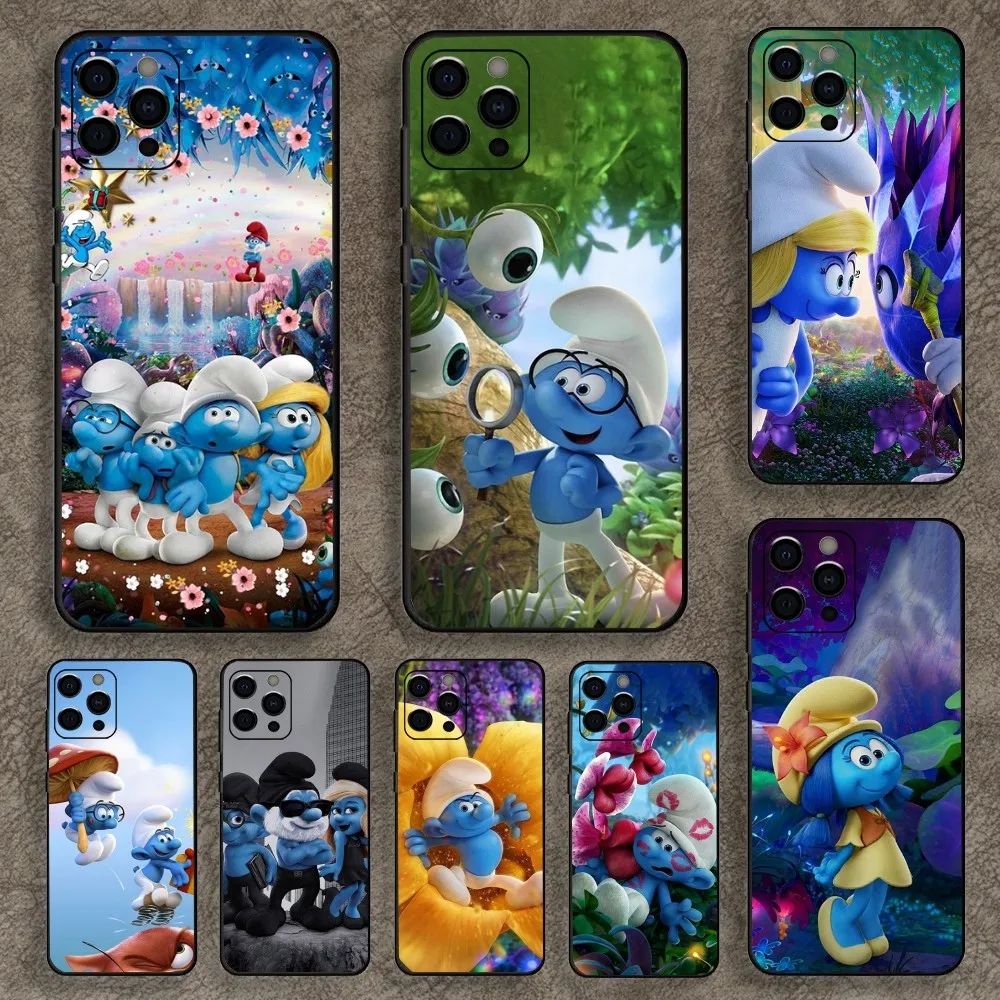 Anime Cartoon S-Smurfs Phone Case For Apple iPhone 15,14,13,12,11,Pro,X,XS,Max,XR,Plus,Mini Soft Black Cover