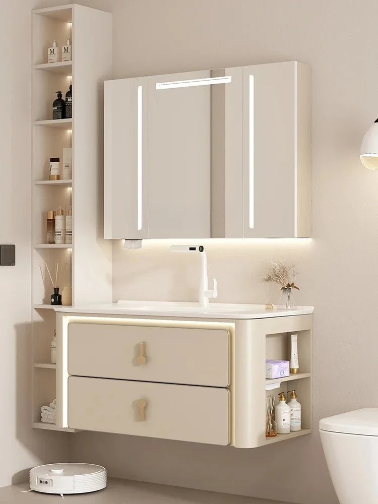 단단한 나무 크림 욕실 캐비닛 세라믹 전체 세면대 측면 보관 화장실 손 세척 욕실 캐비닛 조합