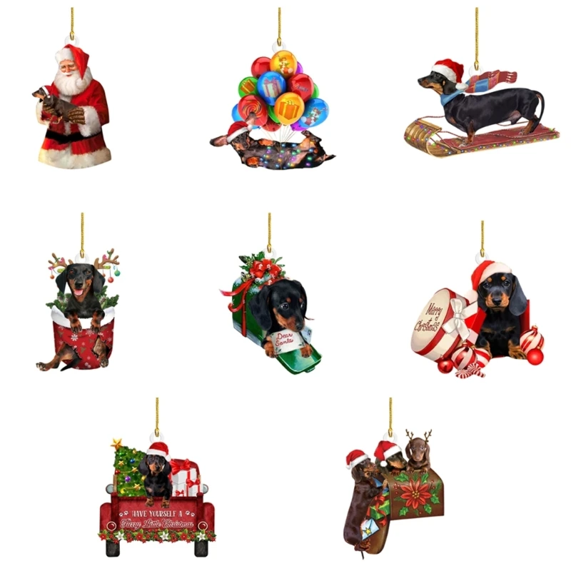 Colgante perro salchicha con temática navideña, colgante para espejo coche, decoración colgante para árbol Navidad,