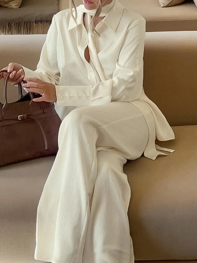 New in Two Piece Set Women Outfit Spring Autumn New Solid Color Turn-Down Collar Long Sleeve Shirt & Casual Daily Pants Set