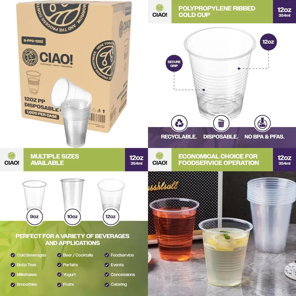 

Ribbed Disposable Cups - 12 oz Polypropylene, Pack of 1000 for Party Supplies and Events