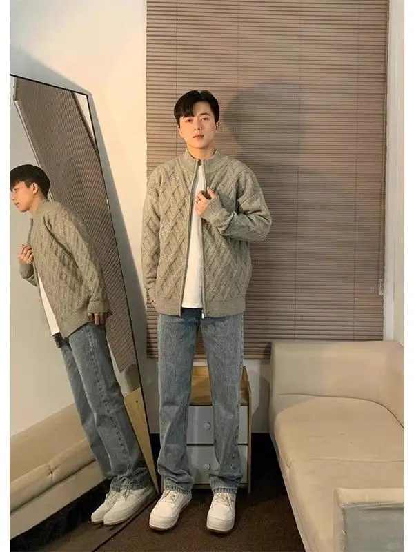 

Мужской вязаный кардиган свободного кроя с воротником-стойкой, осенне-зимний повседневный стиль, полиэстер, длинный рукав