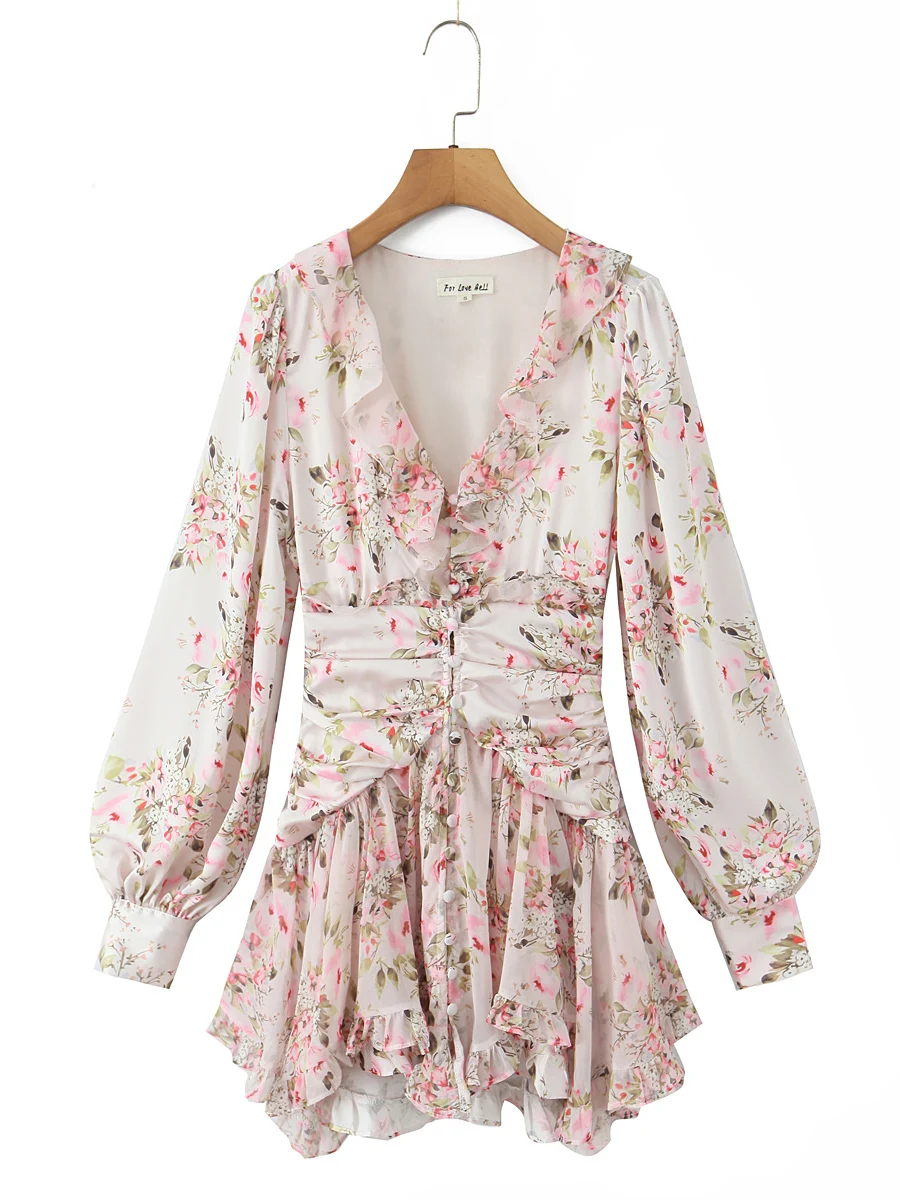 로맨틱 플로럴 레이스 트림 플리츠 웨이스트 V넥 롱 슬리브 섹시 슬리밍 오트 A라인 스커트 프렌치 슬레 캐주얼 여성용...