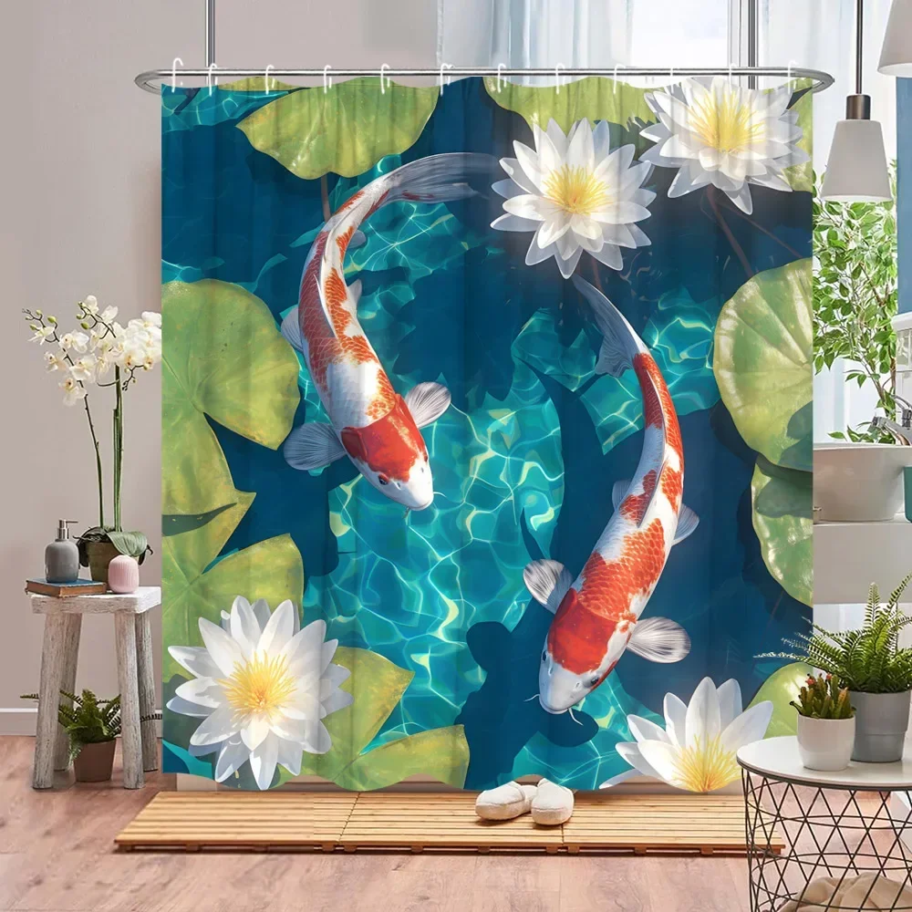Koi Shower Curtain Asian Landscape Cherry Blossom Plant Pond Lotus Leaf Ink Painting Art Polyester Fabric Bathroom Decor Curtain