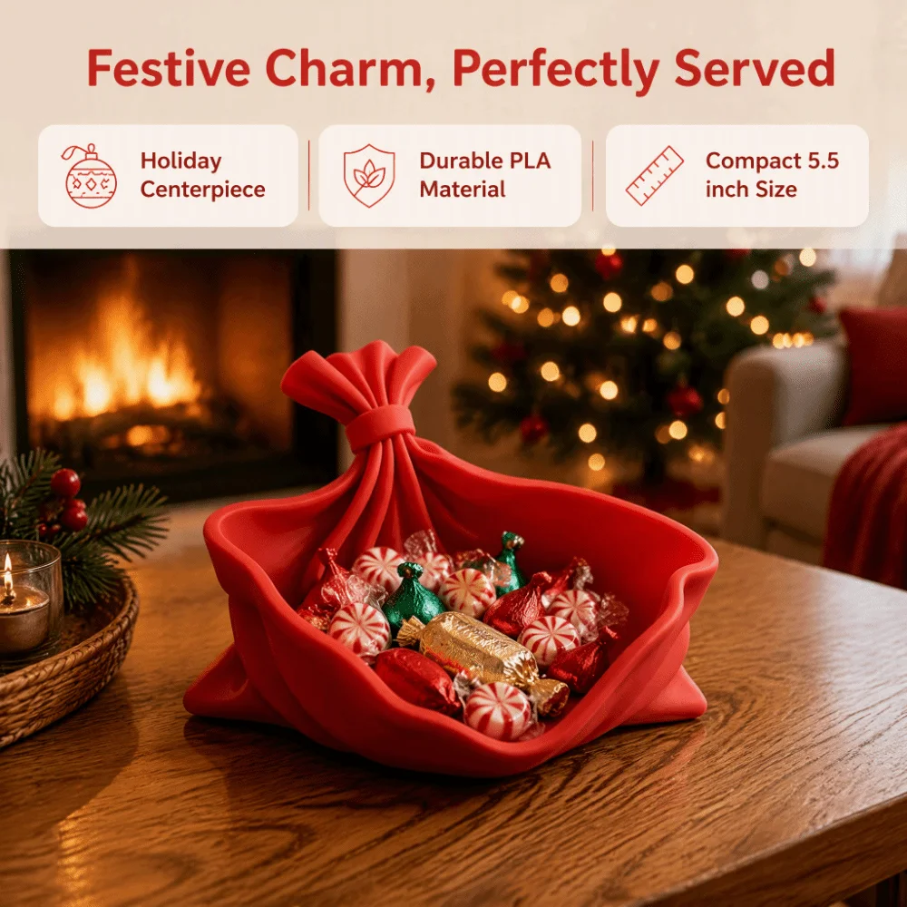 Wrinkled Christmas Decorative Storage Tray Solid-colored Versatile Gift Bag Shape Tray Lightweight Elegant 3D Printed Tray