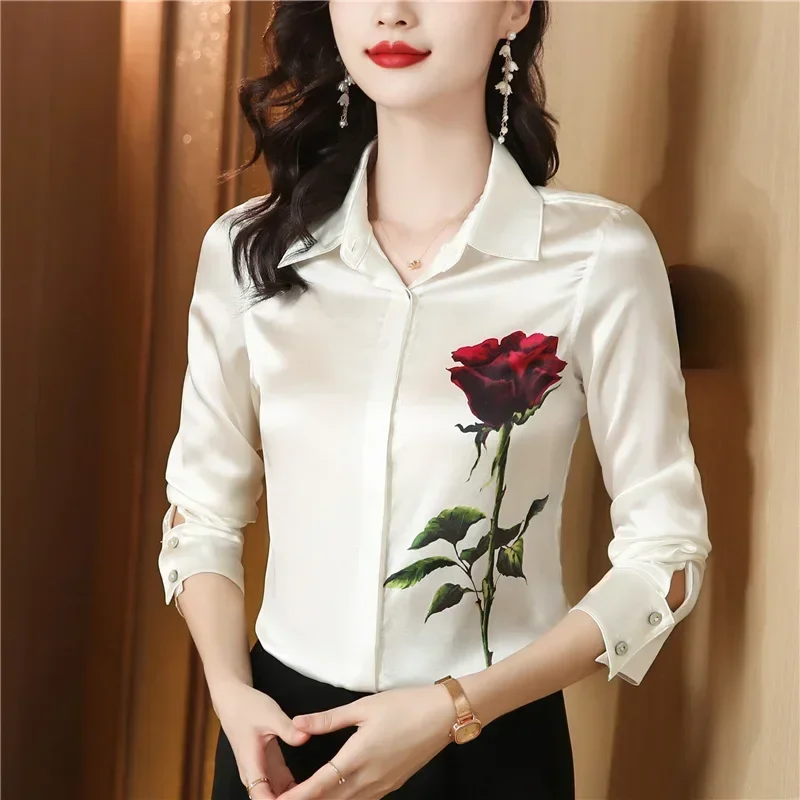 Satin Long Sleeve Women Shirt Summer Roses Floral Korea Fashion Loose Comfortable Lapel Single-breasted Blouse Movafag