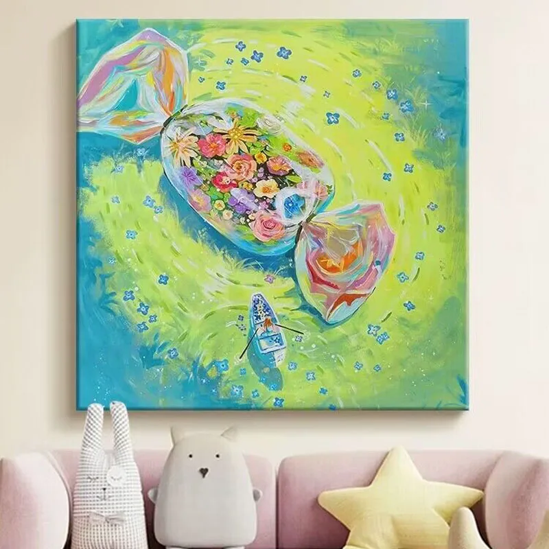 Dopamine Candy Living Room Decoration Painting Colorful Hand Drawn Oil Painting Living Dining Room Mural For Home And Sofa Mural