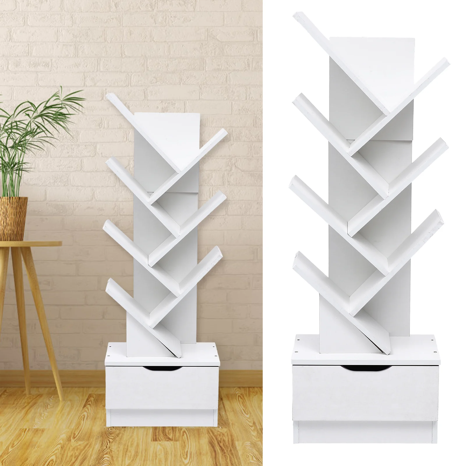 

Multi-layer Storage Shelf Student Kids Bookshelf Corner Ladder Wooden White Bookcase Tree-shaped Shelving