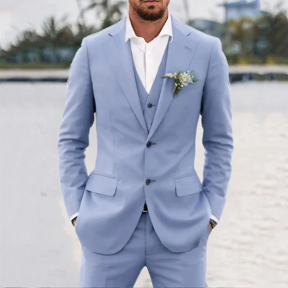 

Sky Blue Men's Wedding Linen Suits Slim Fit 3 Pieces Best Men Groom Wedding Party Tuxedos Blazer Vest Pants Costume Homme