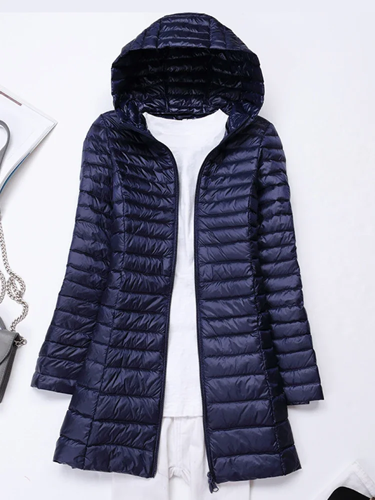 Casacos ultraleves femininos, casacos de penas finas com capuz, estilo coreano, parkas puffer feminino, casaco feminino, novo, outono e inverno, 2023