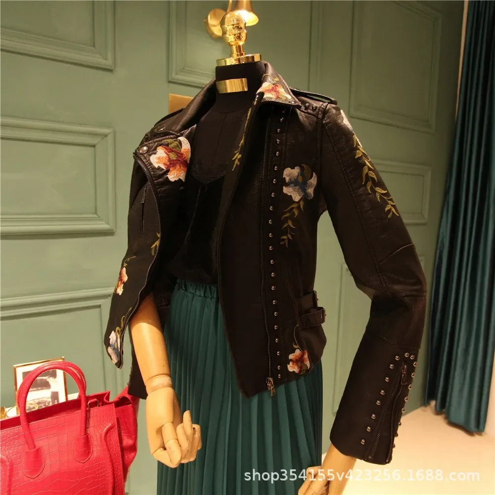 Floral Embroidery Faux Soft Leather Jacket Women Spring Fall Winter Pu Motorcycle Coat Black Punk Biker Rivet Pocket Outerwear