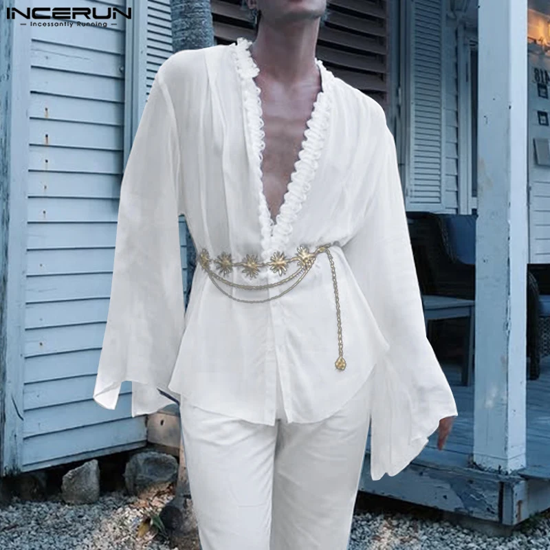 

INCERUN Мужская рубашка кружевная лоскутная прозрачная свободная мужская одежда с v-образным вырезом и длинными рукавами уличная одежда 2025 модные повседневные топы на бретельках