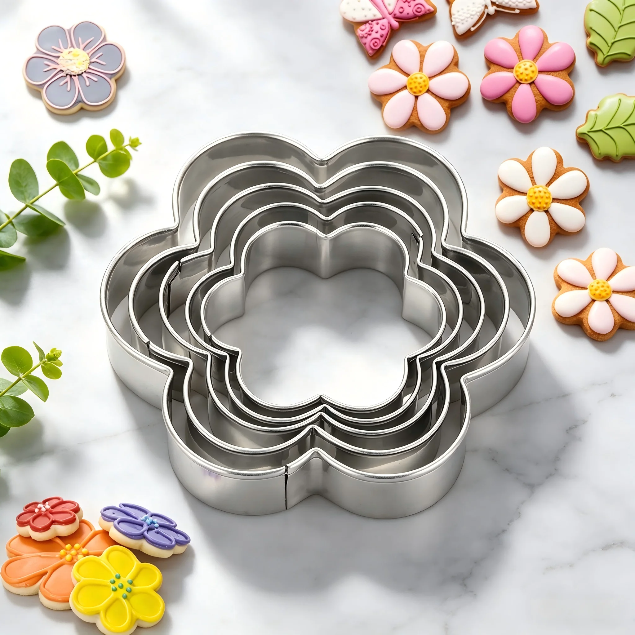 5PCS Flower Cookie Cutters Set, Food Grade Stainless Steel 5 Sizes, Biscuit Mold, For Cake Chocolate Fruit, DIY Home Baking Use