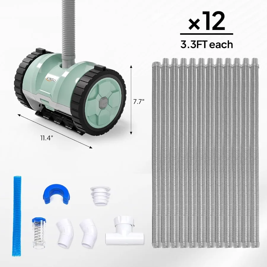 2025年アップグレード版 VINGLI 吸引式プールクリーナー 地上プール用 39.6フィートの絡まりにくいホース ミントグリーンとグレー 強力な吸引力