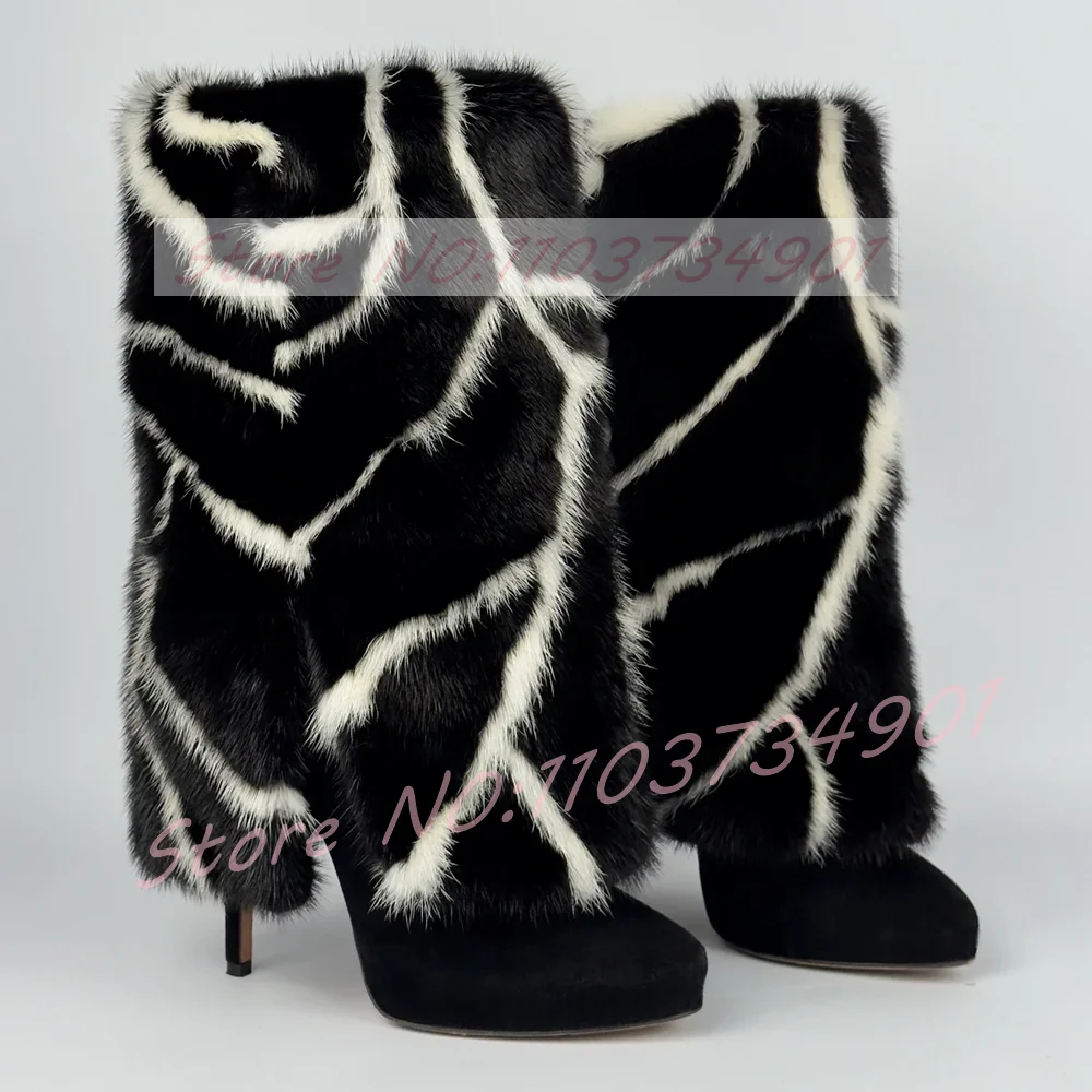 

Zebra Pattern Fur Ankle Boots Women Winter Warm Round Toe Black Flock Stiletto High Heels Boots Female Casual Fashion Boots