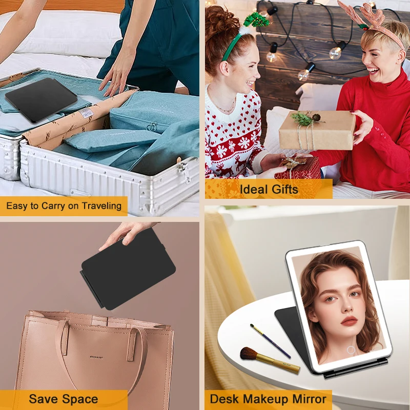 مرآة مكياج LED قابلة للطي مع مرآة زينة لسطح المكتب ببطارية 1500 مللي أمبير في الساعة مع ضوء ساطع قابل للتعتيم للسفر المنزلي #4