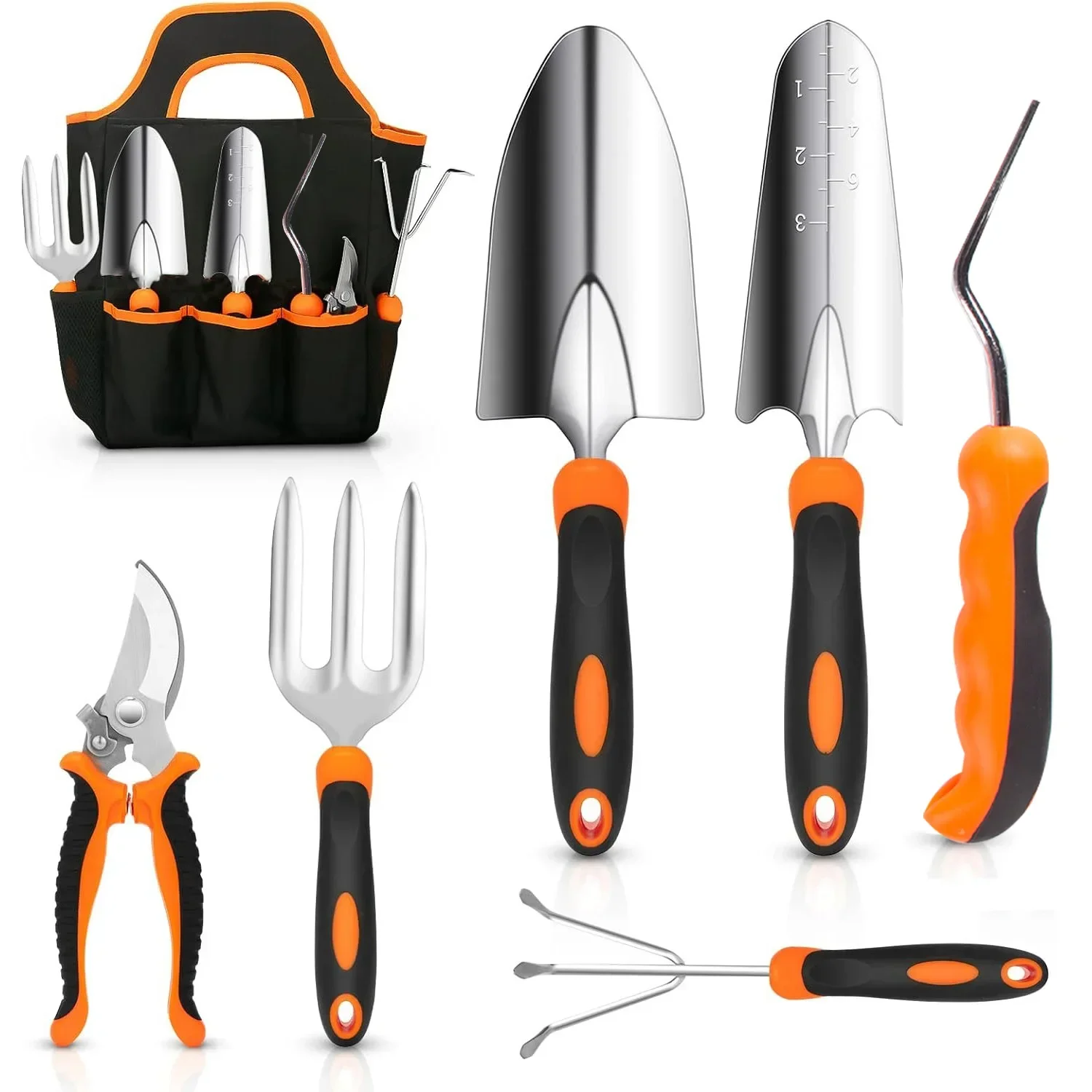 Ensemble d'outils de jardinage RapDuty en acier inoxydable, poignée en caoutchouc coordonnante, sac de rangement fourre-tout, outils à main d'extérieur