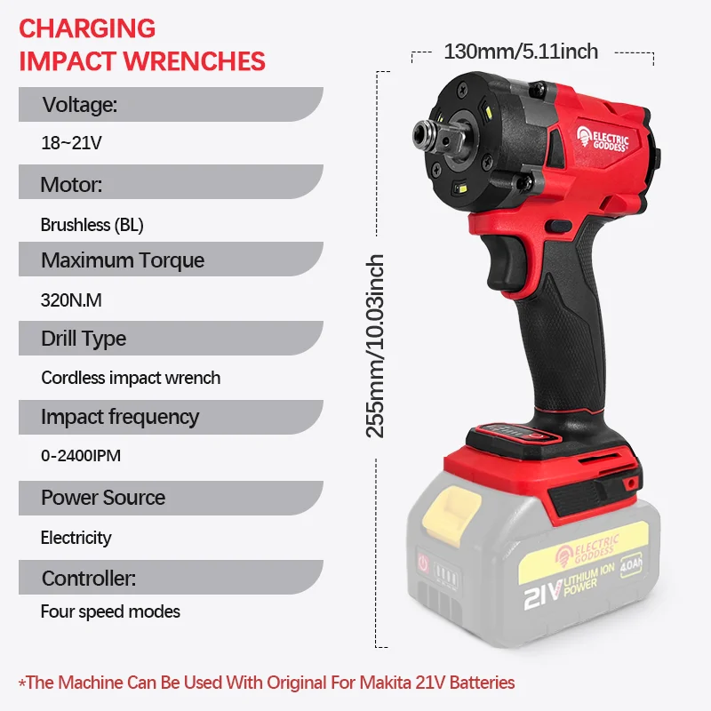 Electric Goddess 320N.M Torque Brushless Electric Impact Wrench 1/2 inch Cordless Screwdriver Power Tools For Makita 18V Battery