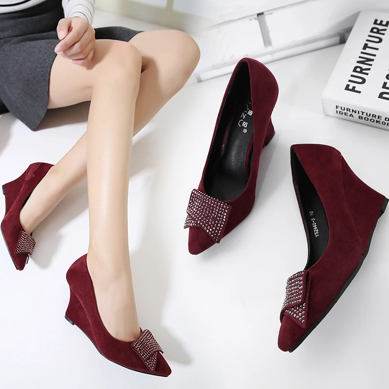 Slip On African Woman Shoe Casual Heels Pointed Pumps Lace-Up Clogs Wedge 2024 Slip-On Burgundy Bow Velvet Comfortable Toe Cryst