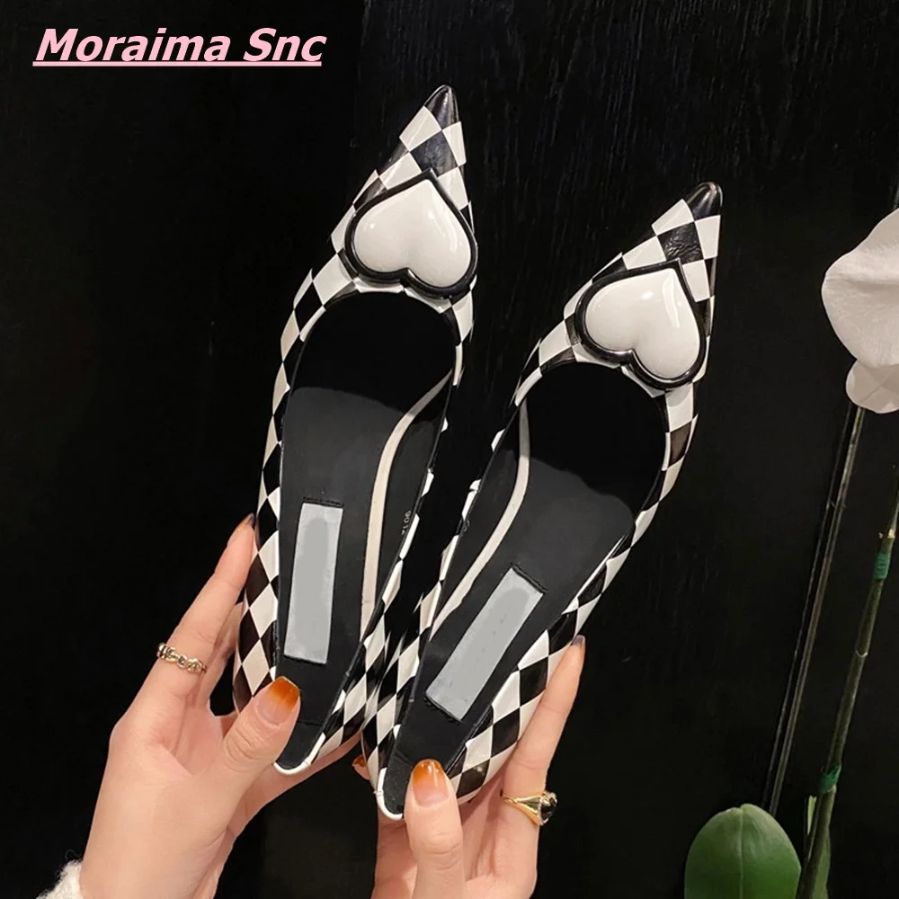 

2024 Summer New Office Women Shoes Shallow Love Pointed Toe Cover Thin Heel Genuine Leather Checkered Casual Fashion Sandals