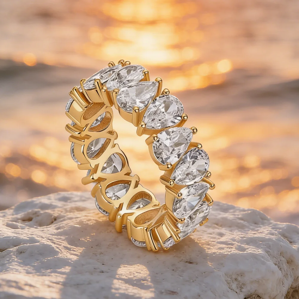Waterdrop Moissanite Eternity Band Pear Cut Full Diamond Wedding Rings S925 Silver Stackable Wedding Ring for Women Men