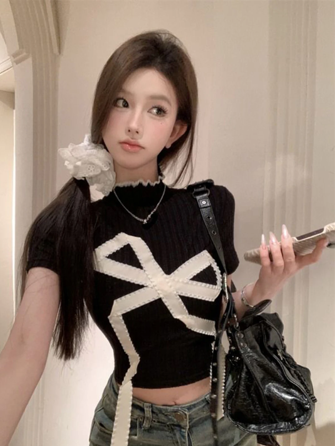 

Color Block Knot Half High Collar Short Sleeve T Shirt Women's Slim Fit Short Length Belly Baring Top Summer New Style