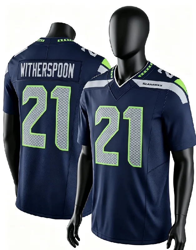Hommes # Maillot de football américain domicile 21 Witherspoon bleu marine, numéro numérique à grille, contour vert, col en V, uniforme de supporter des Seahawks, assorti pour la famille