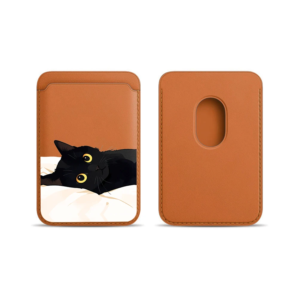 Schwarze Katzen-Leder-Kartenhülle für das Handy, geeignet für alle iPhone-Hüllen, Magsafe magnetische Kartenhalterung, einfache Handy-Rückentasche – Detail 11