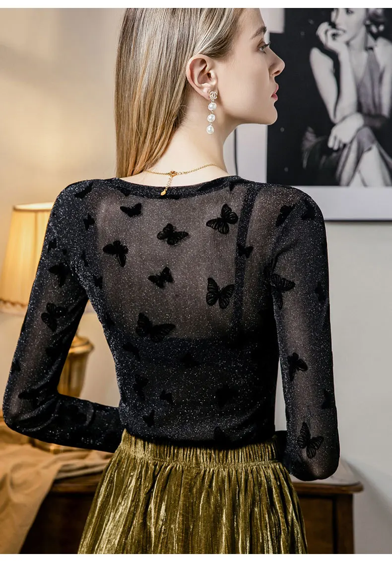 Boweylun Herbst Neue Schmetterling Strömten Glänzende Seide Mesh Langarm T-Shirt Weibliche Dünne frauen Bottom Shirt Tops