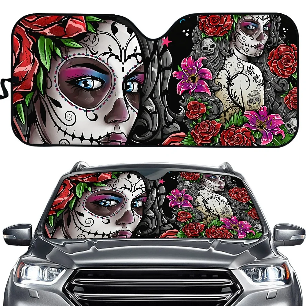 

Day of The Dead Sugar Skull Car Sun Shade Windshield Fold-up Car Sunshade for Windshields Women Girly Accessories Covers