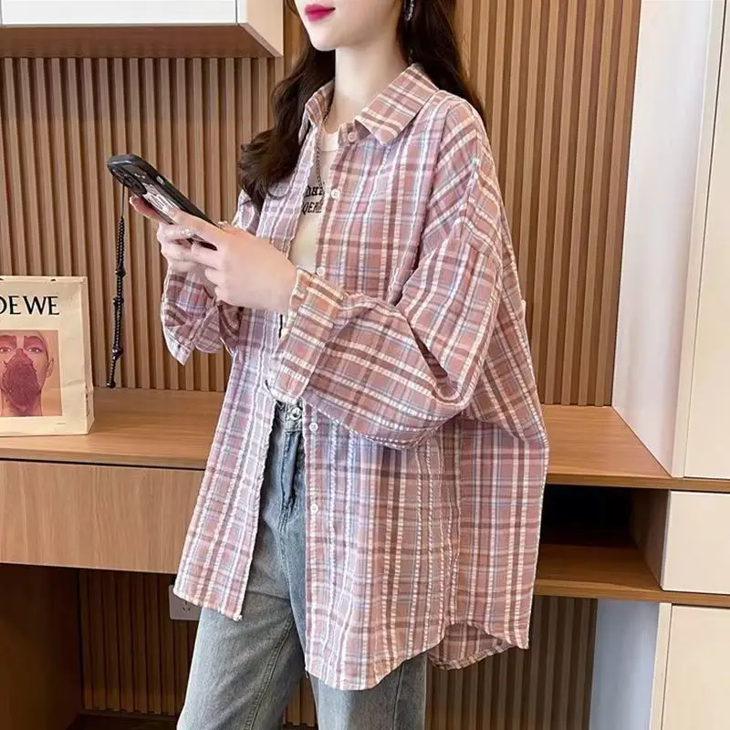 Long Sleeve Turn-down Collar Spring Autumn Contrast Color Women\'s Checkered Button Up Cardigan Shirt Coats Casual Commute Tops