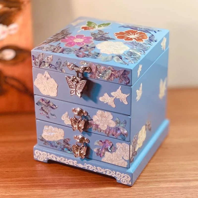 Three-Layer Mother-of-Pearl Inlay Lacquer Jewelry Box, Wooden Handmade Storage, Bridal Wedding Gift