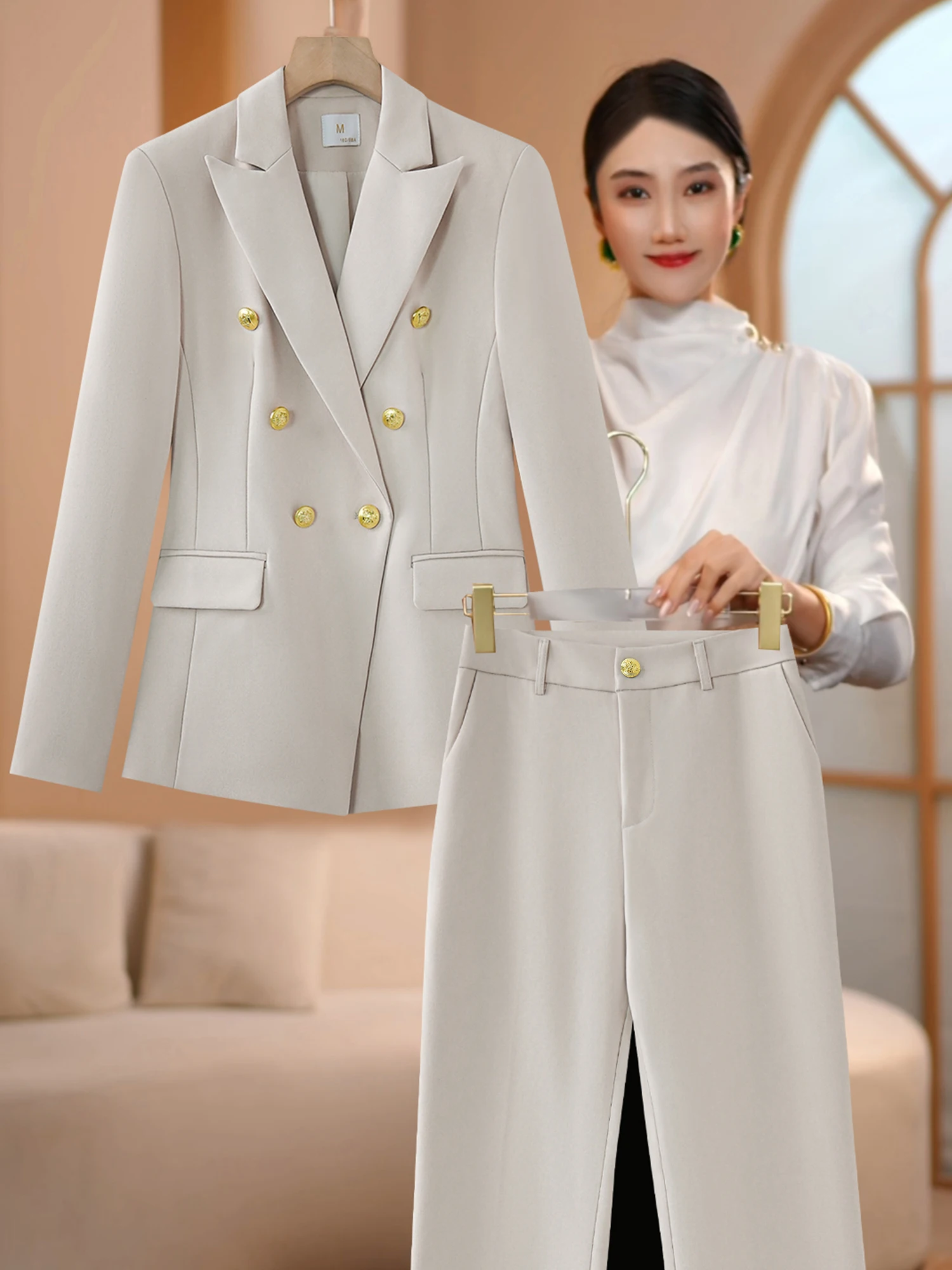 

Peach Color Women's Suit Jaet Double Button Set High End Faion Work orm Beau Therapist Long Sve Regular Length