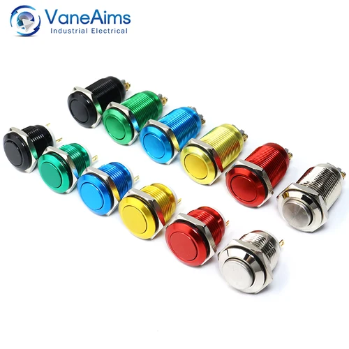 Imagen 1 del producto Interruptor de botón de Metal de 16mm, VaneAims, reinicio automático, oxidación momentánea, rojo, azul, negro, verde, amarillo, Mini interruptor eléctrico de cabeza alta
