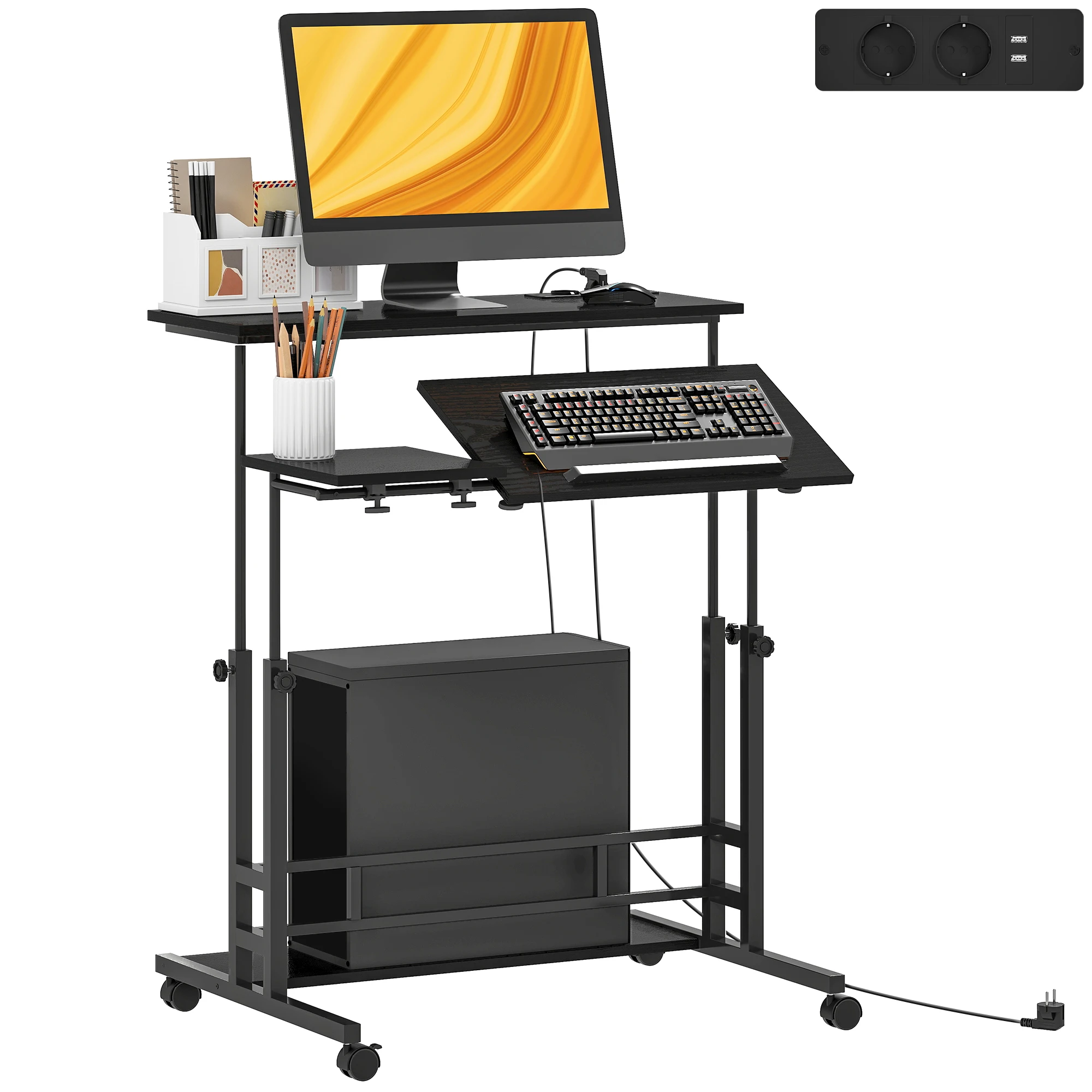 HOMCOM Escritorio Elevable con Ruedas Enchufes Puertos USB Altura Painel Ajustável Central Inclinado y Estante 80x60 cm Negro