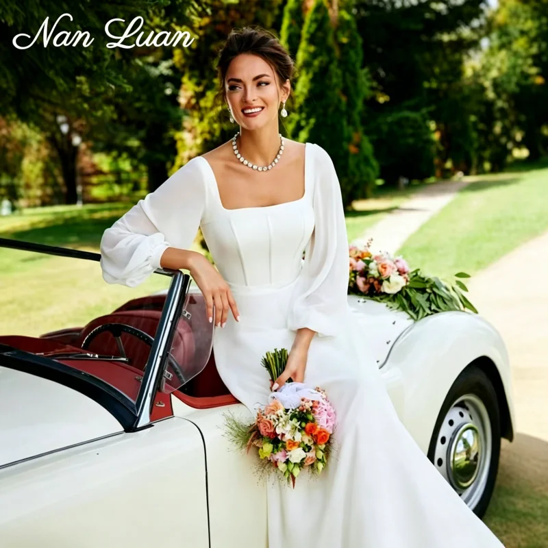 2026 Quadratischer Ausschnitt Chiffon-Hochzeitskleid mit Schleppe Vestidos de Novia Maßanfertigung