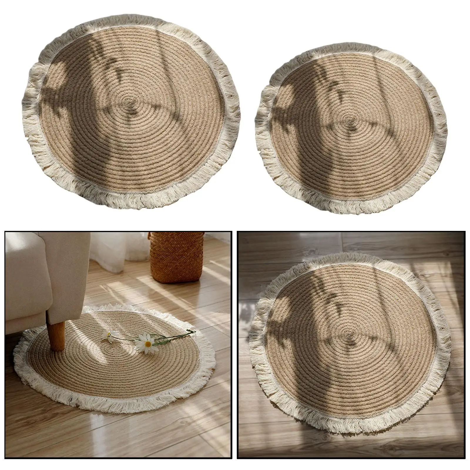 Soft Natural Jute Round Area Rug Tassel Home Decor for Kids Room Floor Mat