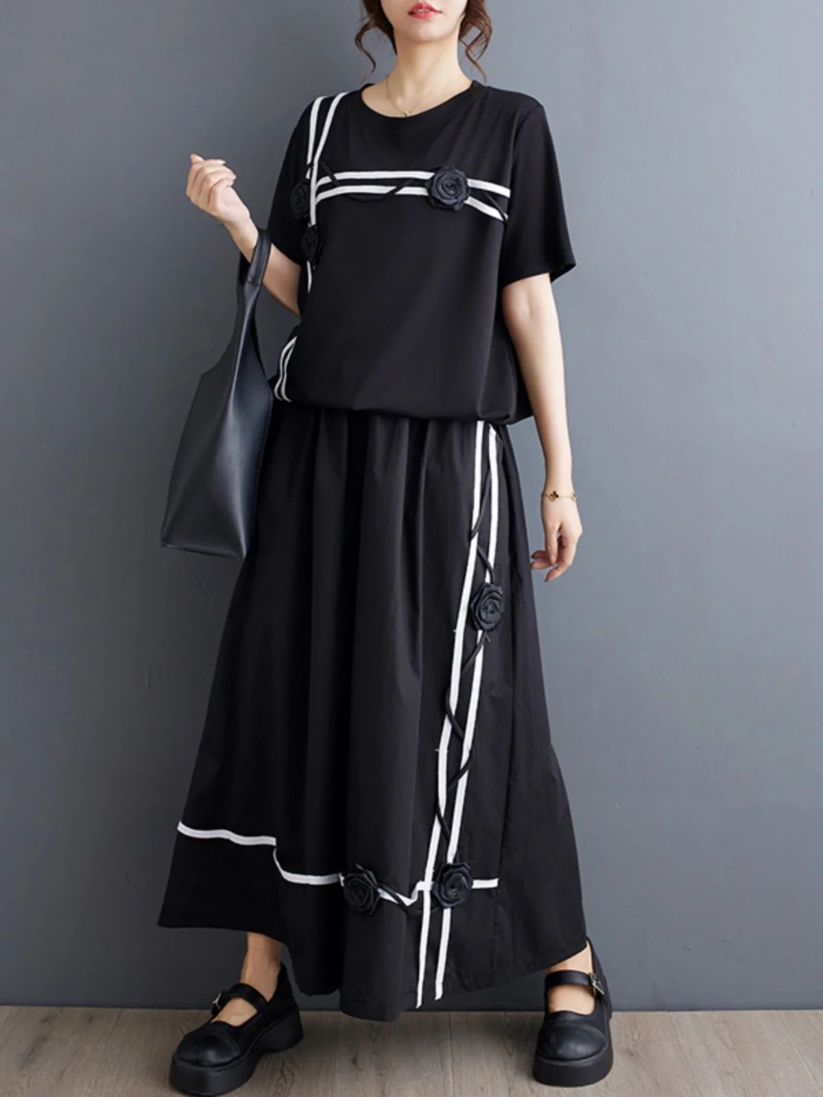

Loose k Sle Artistic Design T-irt Wide Leg Pants Two Piece Set Summer 2025 Faion Women's Cotton round Ne ort Sve
