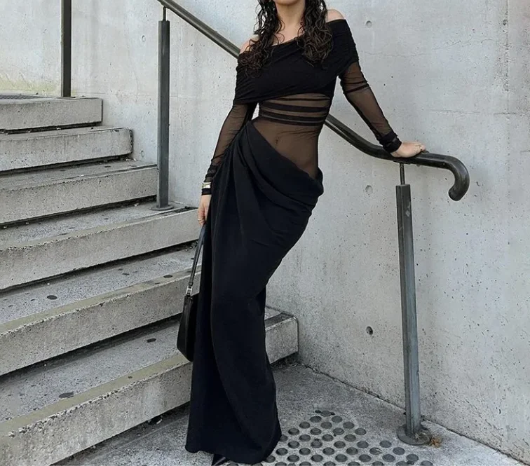 Vestidos para mujer 2025 primavera nueva moda fuera del hombro Sexy malla recortada negro mangas largas Casual Slim Fit Maxi vestido