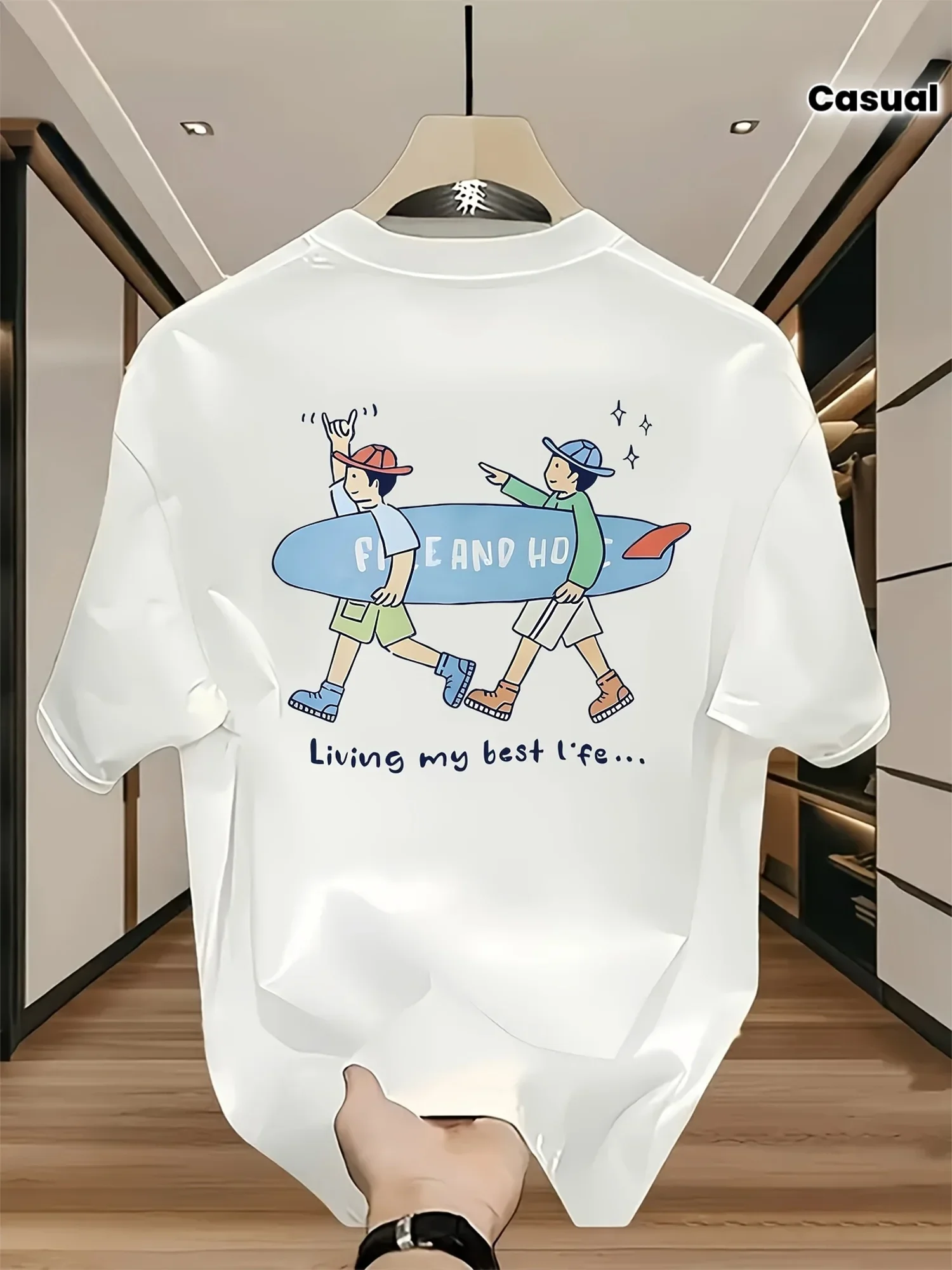 Men's 100% cotton T-shirt with surfing print fresh island style unisex top loose and comfortable perfect for gifting