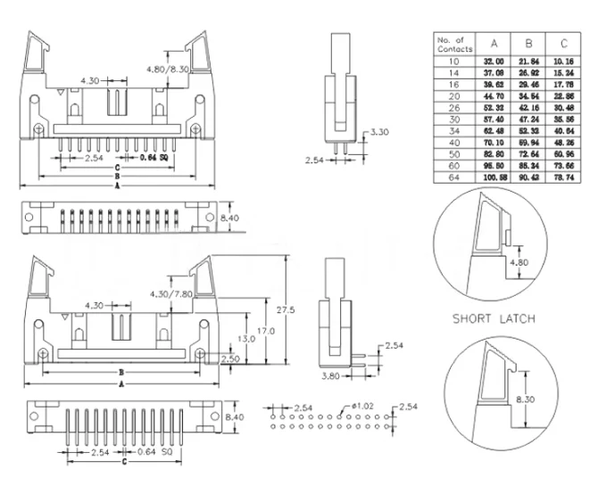 pitch 2.54mm DC2 Header with Clips 8P 10P 12P 14P 16P 20P 24P 26P 30P 34P 40p 50p 64p Ejector Header connector cow-horn Header