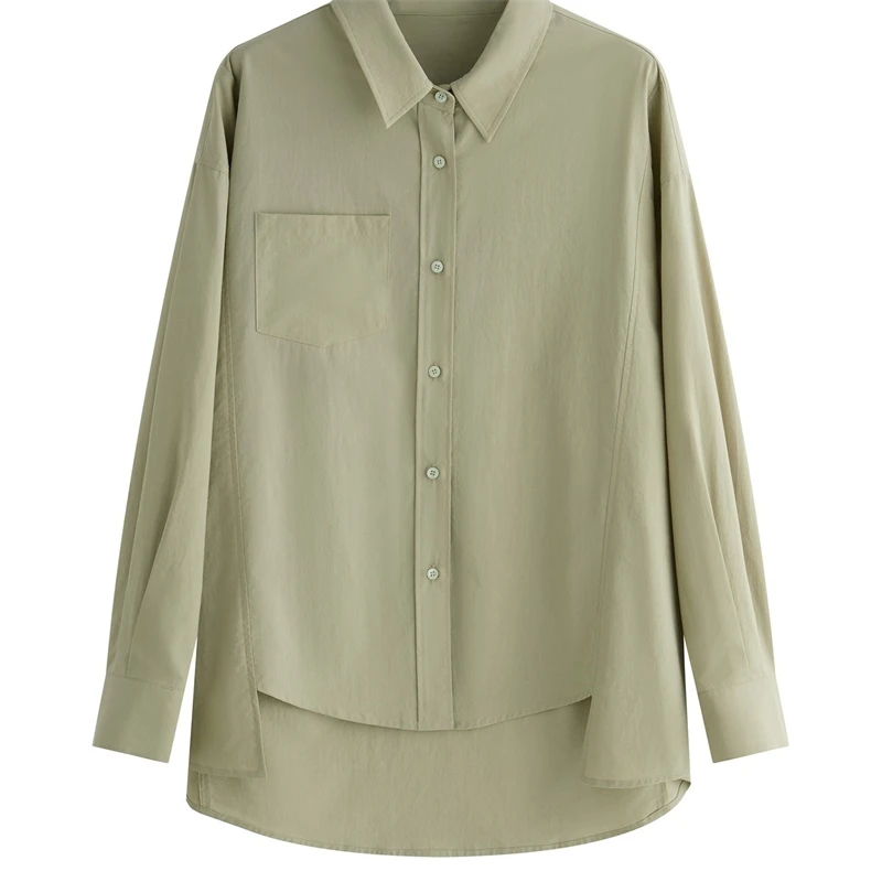 Wiosenna i jesienna damska luźna koszula z długim rękawem i kołnierzykiem w jednolitym kolorze